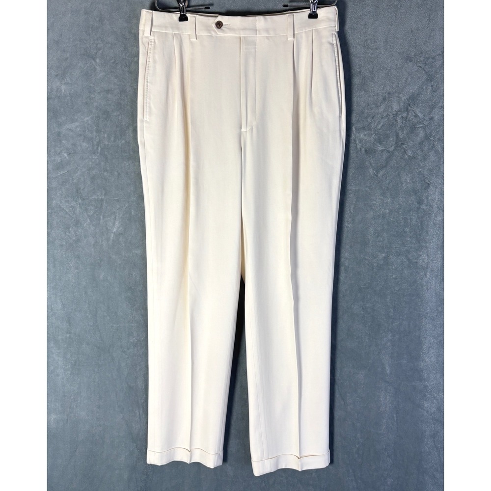 Jos Bank Mens 34x29 Pleated 100% Silk Trousers Chinos Ivory Cuffed Preppy Luxury
